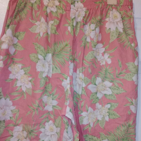 Jones NY Pant 100% Linen Sz Large Pink Floral Cropped Tropical Shappy Chic - Picture 2 of 5